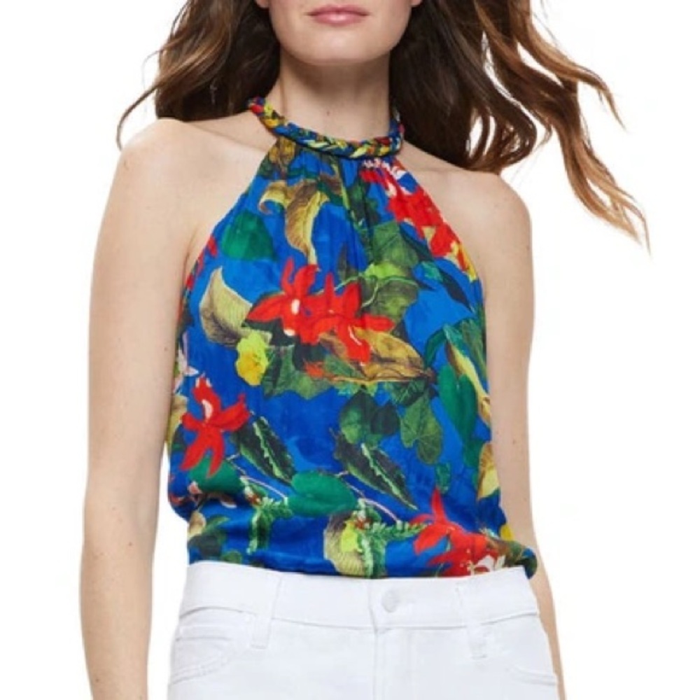Alice + Olivia Maris Tropical Halter Top In Tropical Sunrise Size Medium